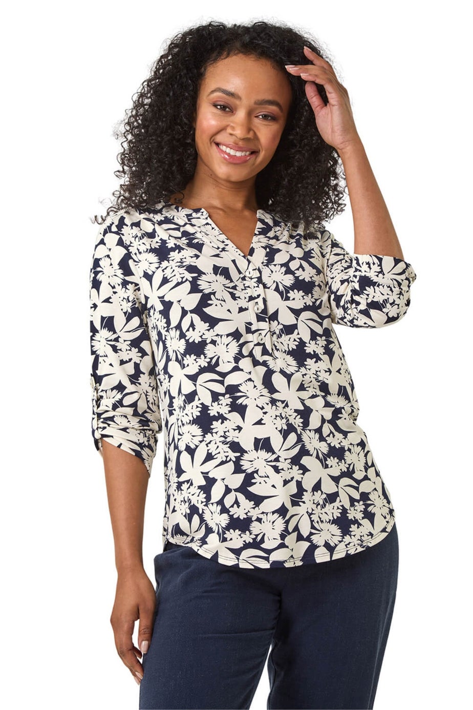 Roman Navy Petite Floral Print Button Through Shirt