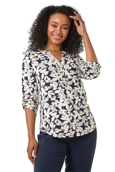 Roman Navy Petite Floral Print Button Through Shirt