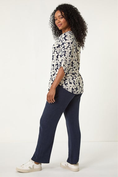 Roman Navy Petite Floral Print Button Through Shirt