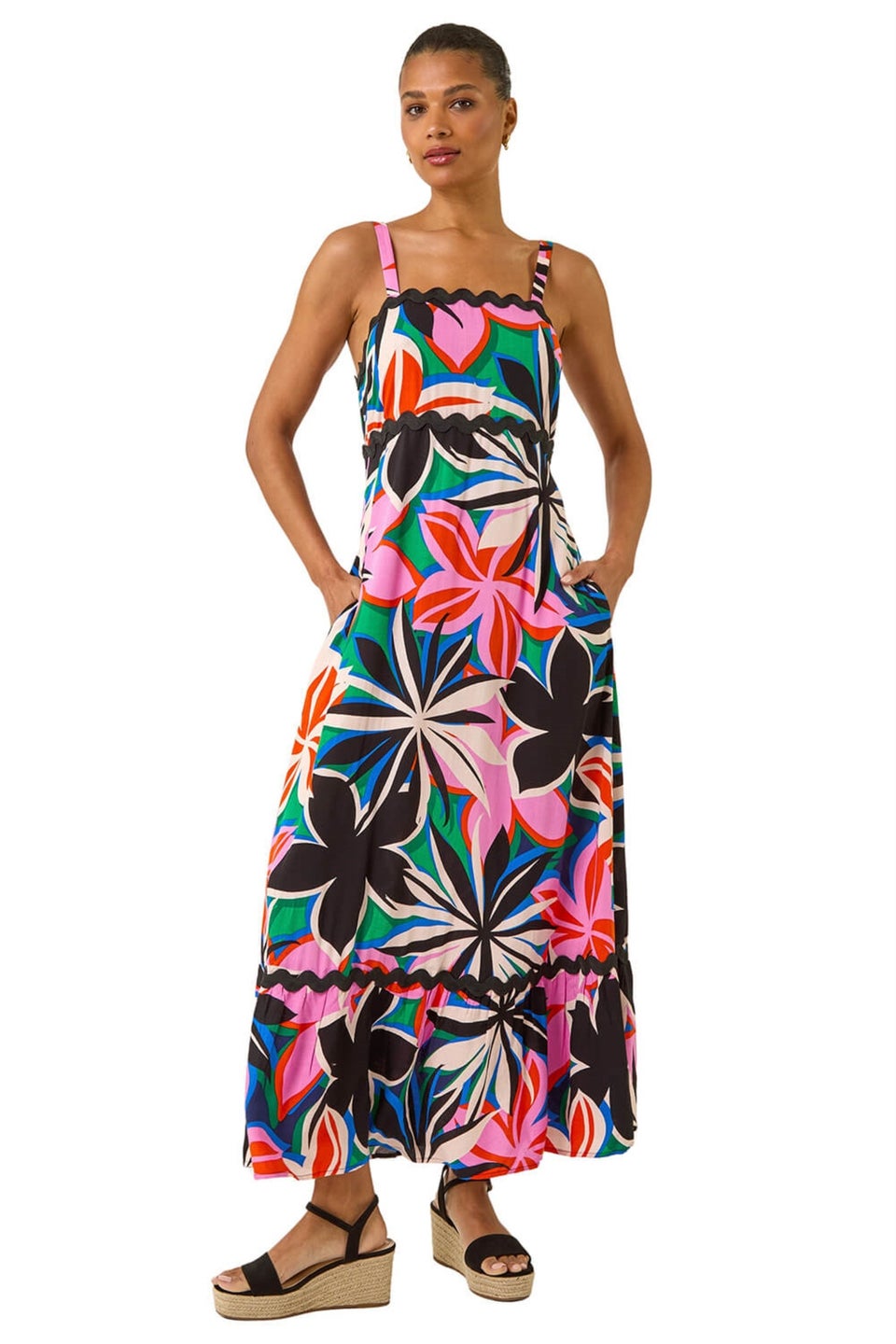 Roman Fuchsia Floral Ric Rac Maxi Dress