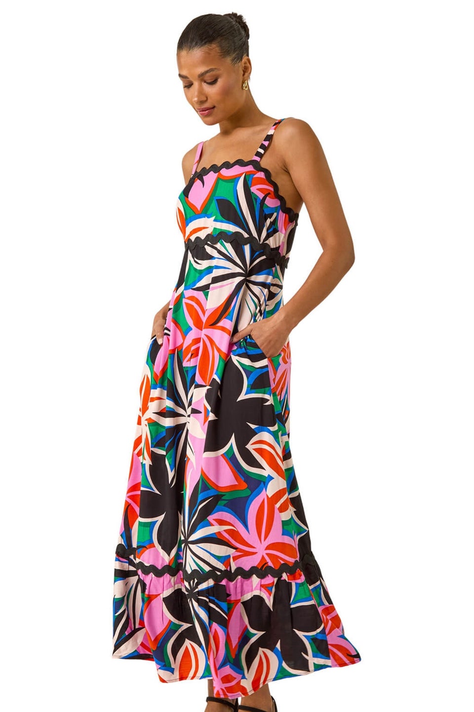 Roman Fuchsia Floral Ric Rac Maxi Dress