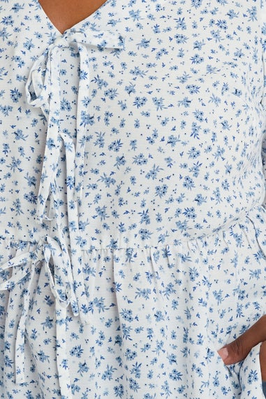 Yours Curve Light Blue Ditsy Floral Tie Front Peplum Top