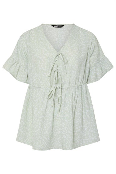 Yours Curve Sage Green Ditsy Floral Tie Front Peplum Top