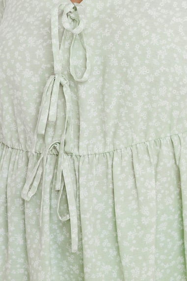 Yours Curve Sage Green Ditsy Floral Tie Front Peplum Top