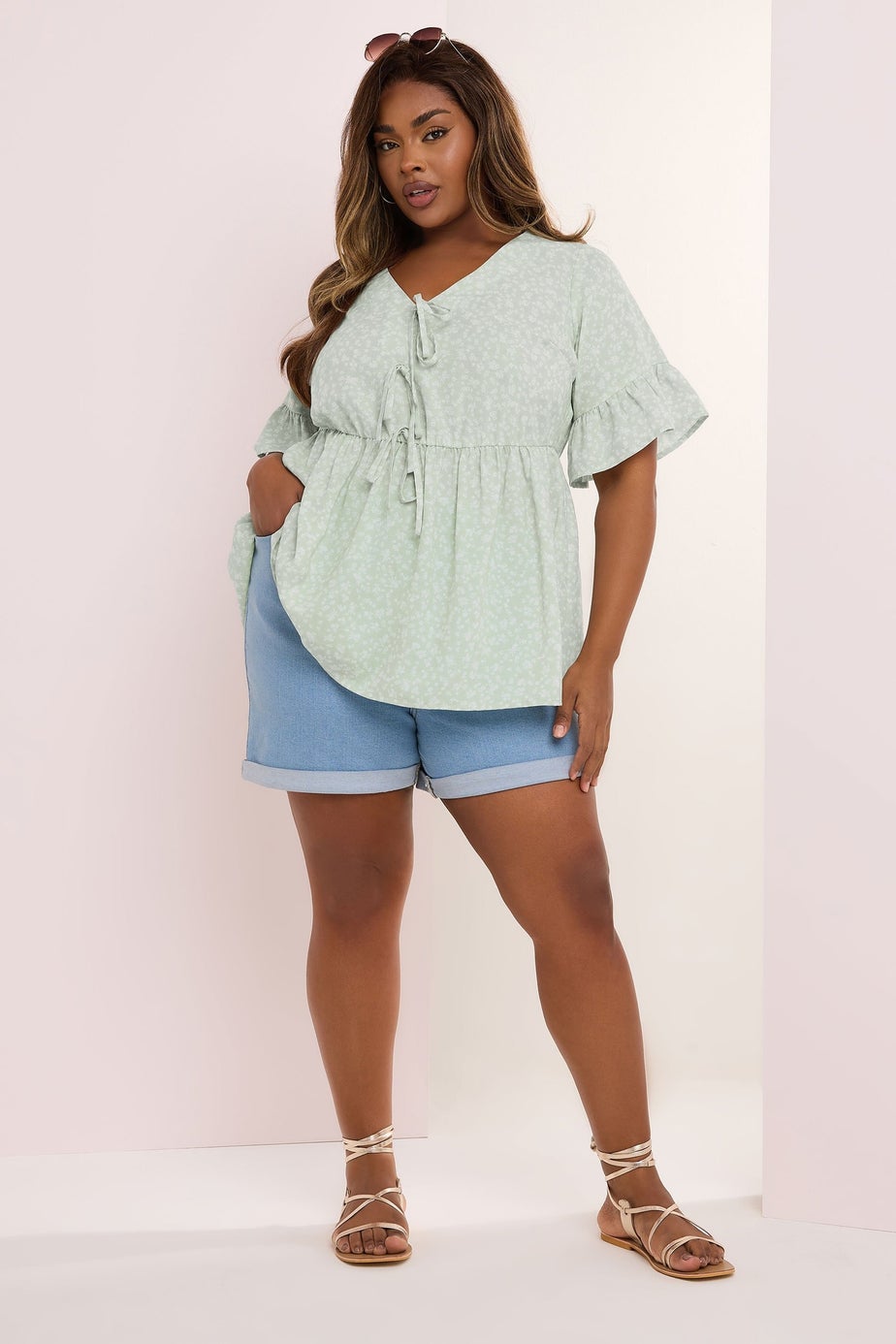 Yours Curve Sage Green Ditsy Floral Tie Front Peplum Top