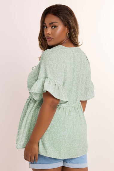 Yours Curve Sage Green Ditsy Floral Tie Front Peplum Top