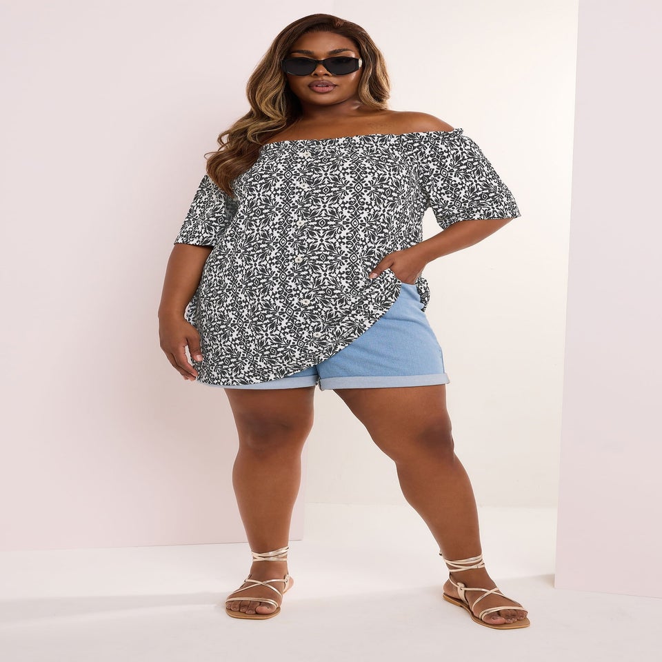 Yours Curve Black Textured Tile Print Bardot Top