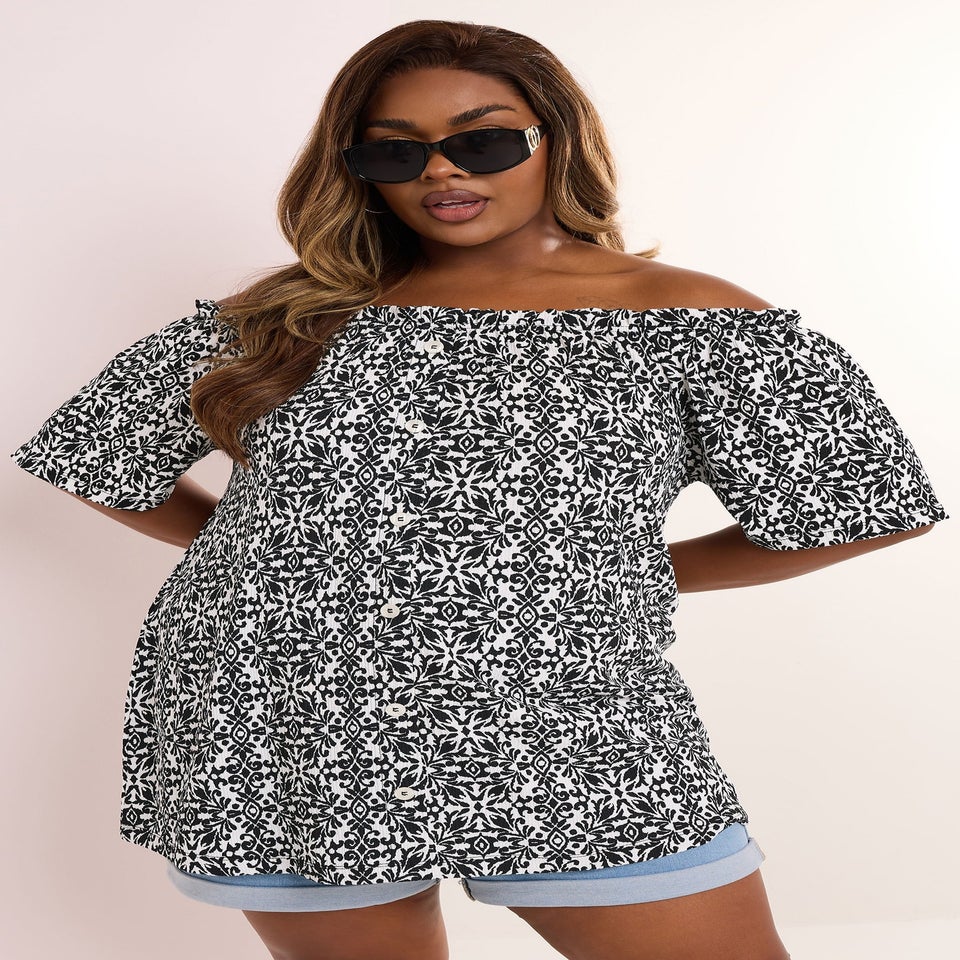 Yours Curve Black Textured Tile Print Bardot Top