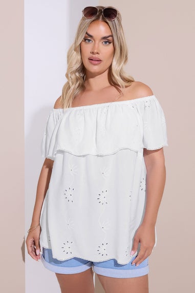 Yours Curve White Broderie Anglaise Bardot Top