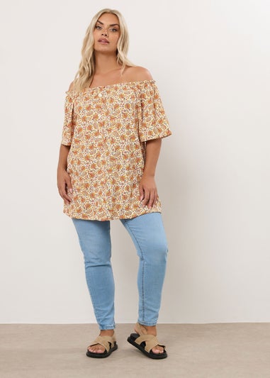 Yours Curve Orange Textured Leaf Print Bardot Top