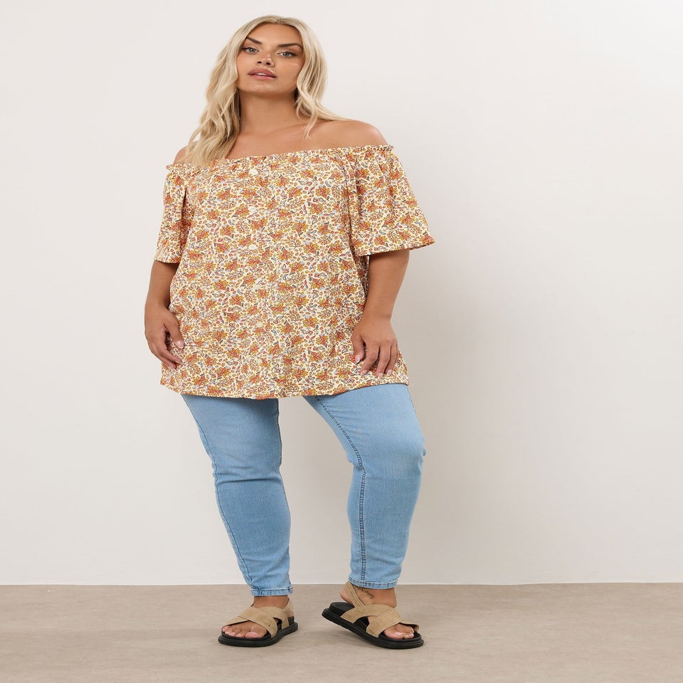 Yours Curve Orange Textured Leaf Print Bardot Top