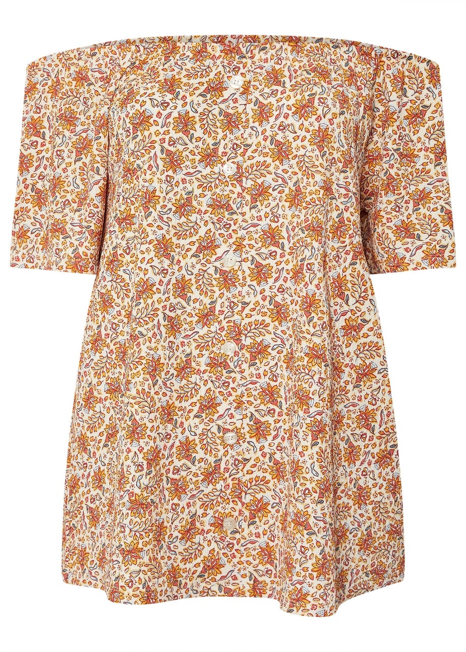 Yours Curve Orange Textured Leaf Print Bardot Top