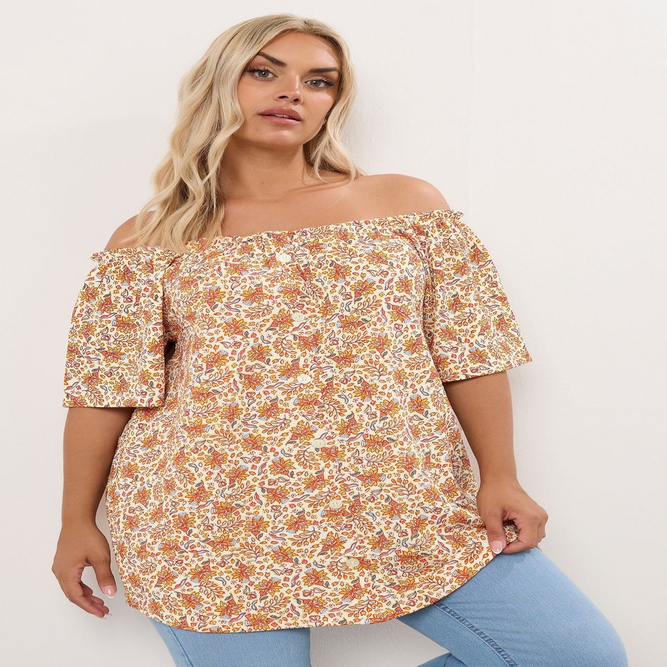 Yours Curve Orange Textured Leaf Print Bardot Top