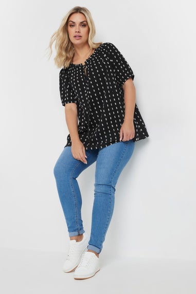 Yours Curve Black & White Dobby Tie Neck Top
