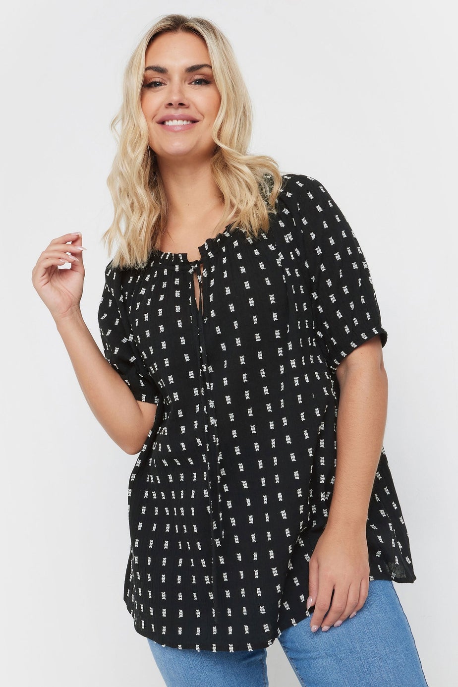 Yours Curve Black & White Dobby Tie Neck Top