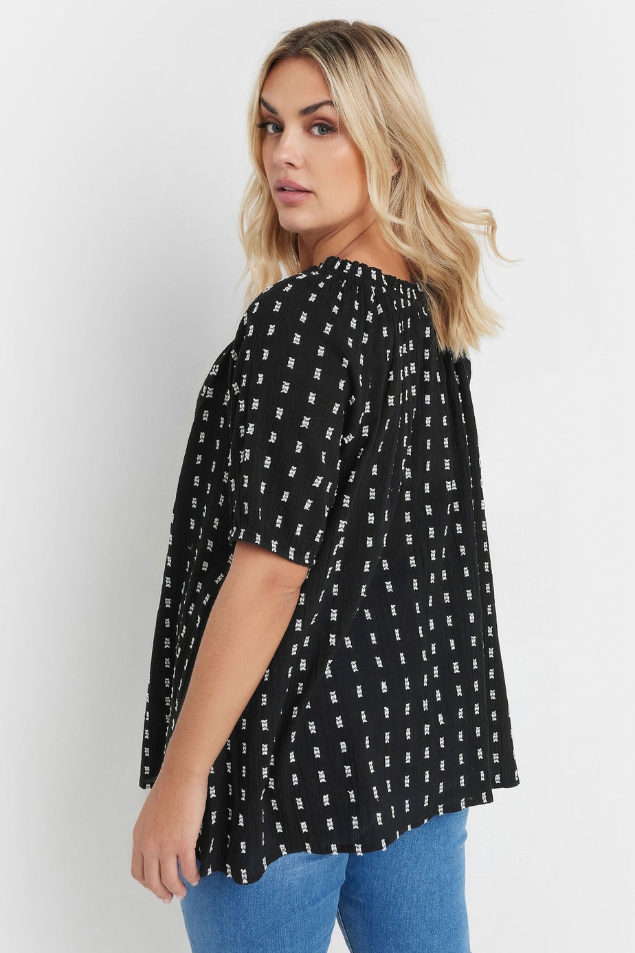 Yours Curve Black & White Dobby Tie Neck Top