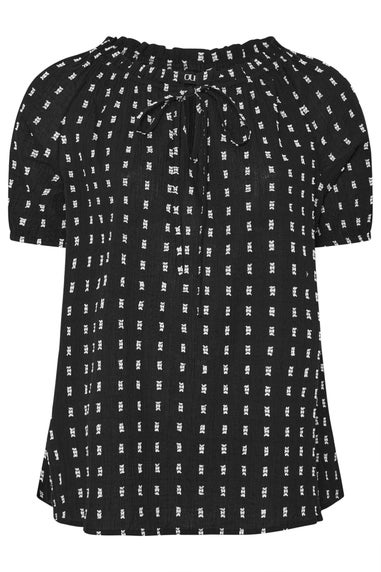 Yours Curve Black & White Dobby Tie Neck Top
