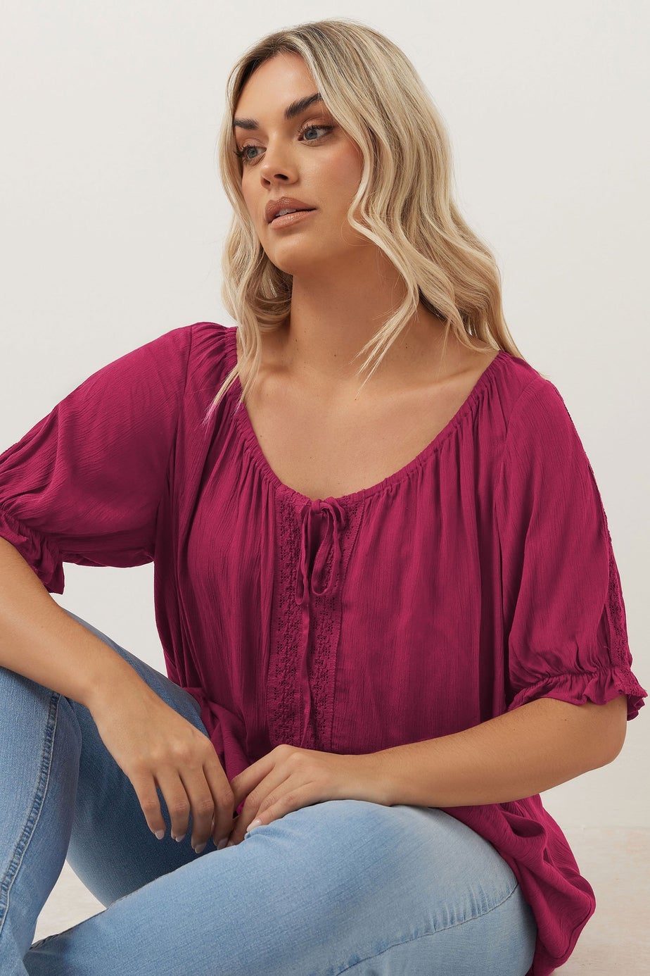 Yours Curve Dark Pink Crochet Detail Tie Front Top