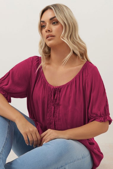 Yours Curve Dark Pink Crochet Detail Tie Front Top