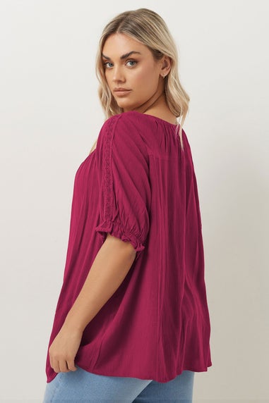 Yours Curve Dark Pink Crochet Detail Tie Front Top