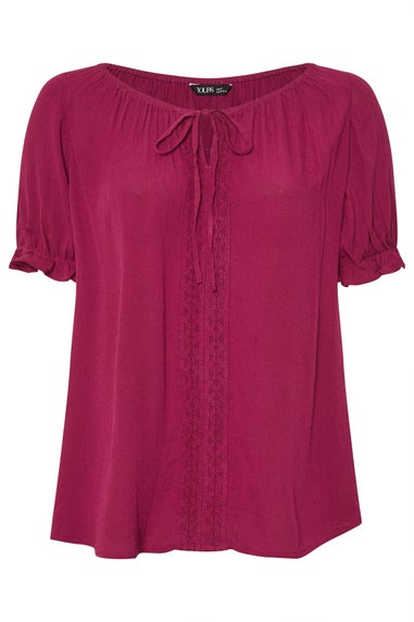 Yours Curve Dark Pink Crochet Detail Tie Front Top
