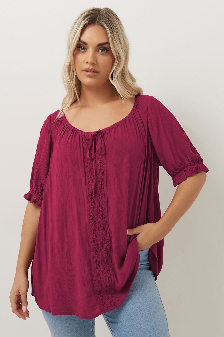 Yours Curve Dark Pink Crochet Detail Tie Front Top
