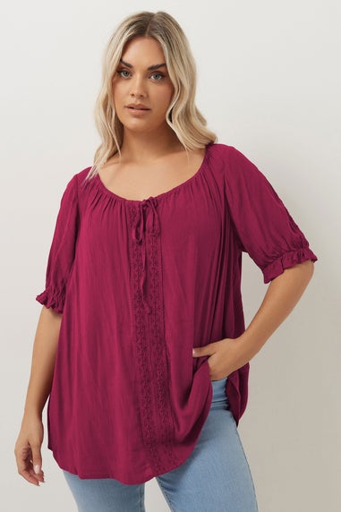 Yours Curve Dark Pink Crochet Detail Tie Front Top