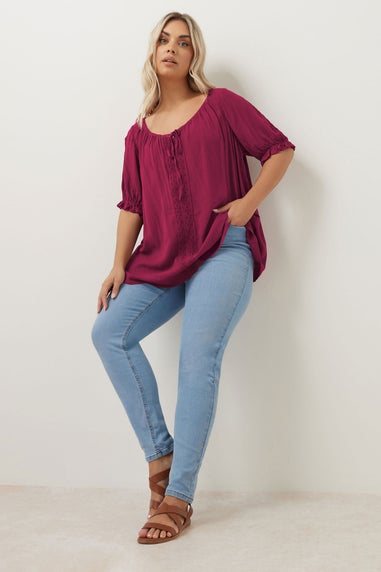 Yours Curve Dark Pink Crochet Detail Tie Front Top