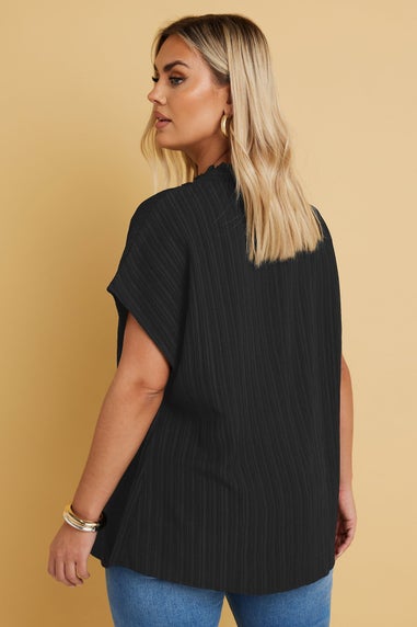 Yours Curve Black Textured Frill Neck Top