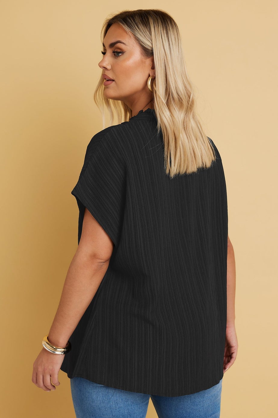 Yours Curve Black Textured Frill Neck Top