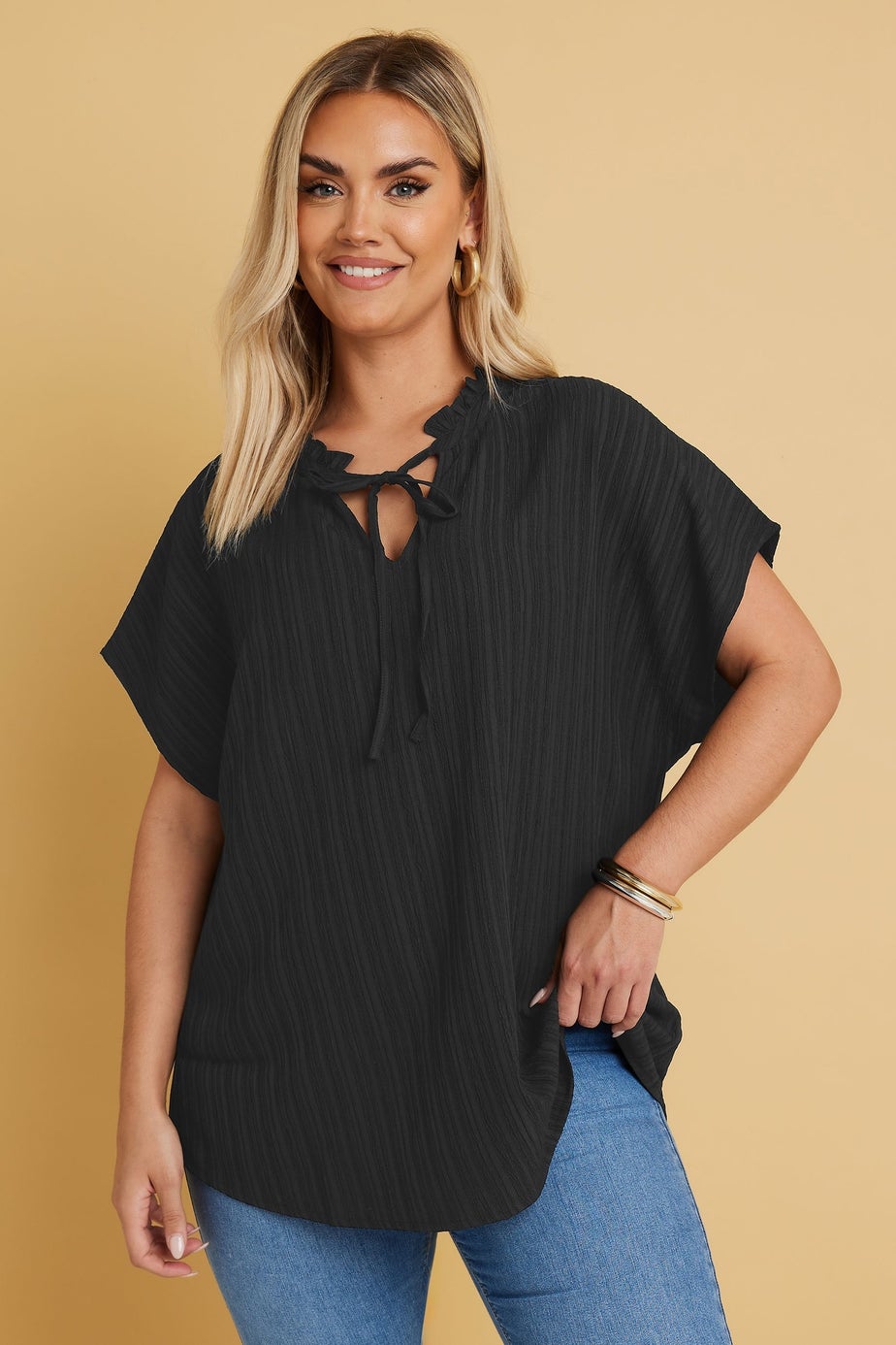 Yours Curve Black Textured Frill Neck Top
