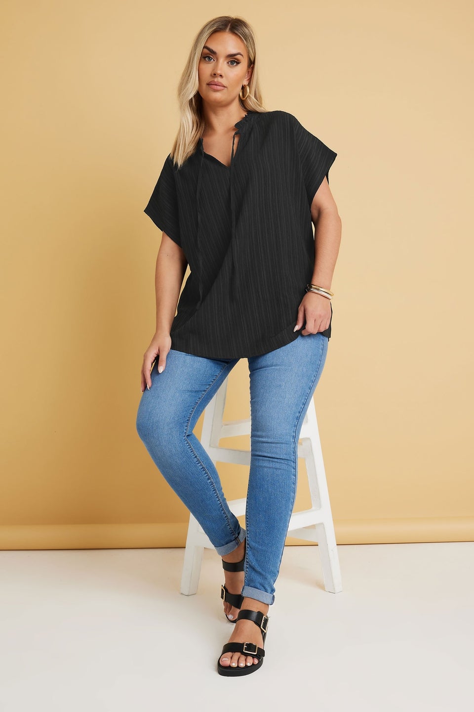 Yours Curve Black Textured Frill Neck Top