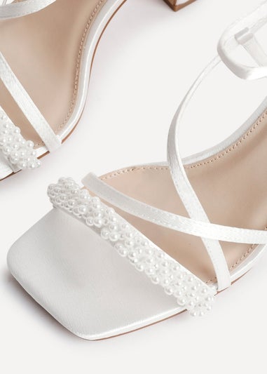 Linzi Promise Wide Fit Ivory Satin Strappy Pearl Embellished Heeled Sandal