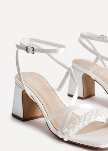 Linzi Promise Wide Fit Ivory Satin Strappy Pearl Embellished Heeled Sandal
