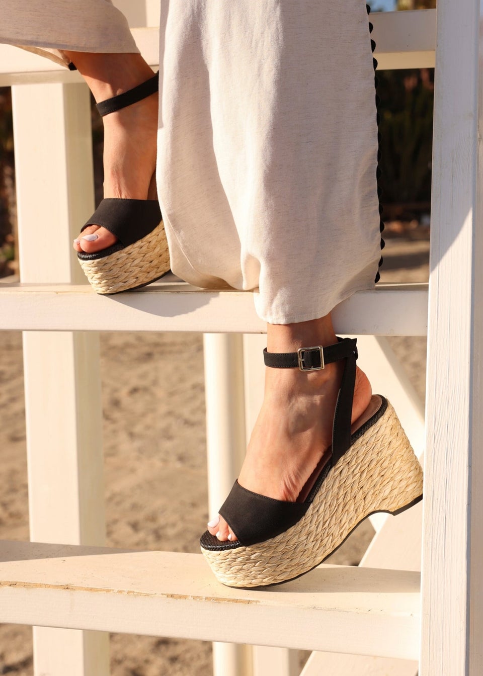 Linzi Pacific Black Faux Suede Espadrille Platform Wedge