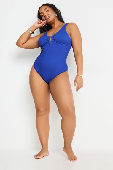 Yours Curve Cobalt Blue Buckle Textured Swimsuit