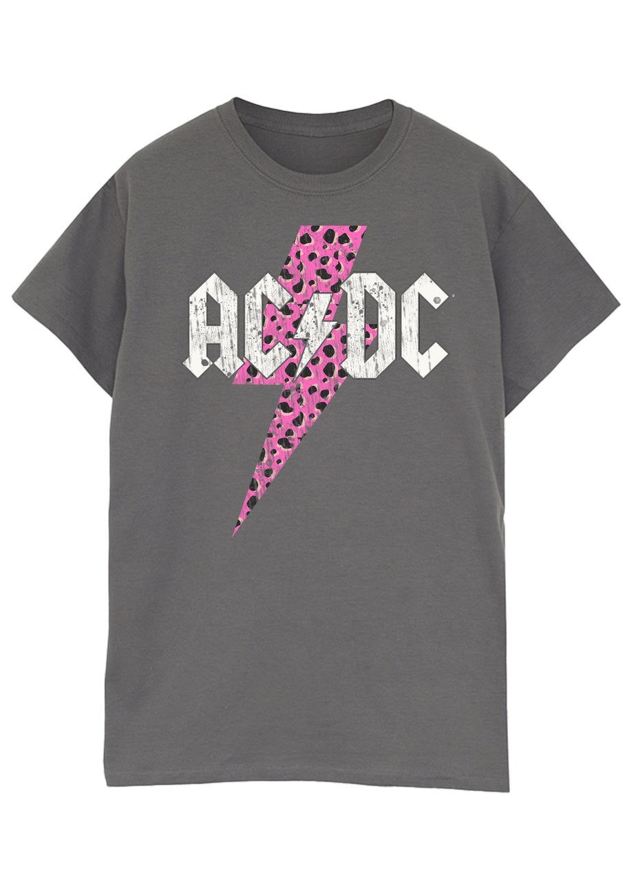 ACDC Leopard Lightning Bolt Charcoal Boyfriend Fit Graphic Music T-Shirt