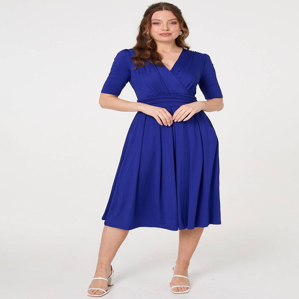 Izabel London Blue Ruched Waist Jersey Wrap Dress
