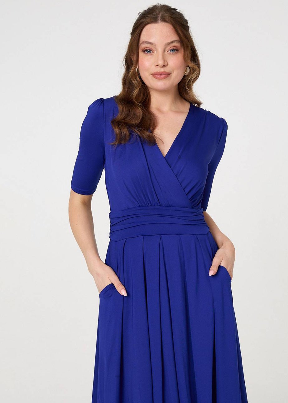 Izabel London Blue Ruched Waist Jersey Wrap Dress