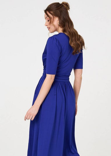 Izabel London Blue Ruched Waist Jersey Wrap Dress