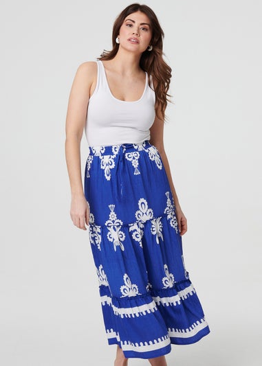 Izabel London Blue Ikat Print Tiered High Waist Midi Skirt