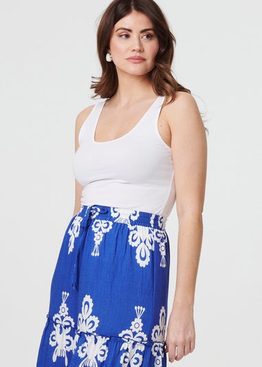 Izabel London Blue Ikat Print Tiered High Waist Midi Skirt