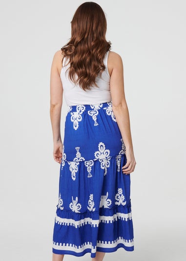 Izabel London Blue Ikat Print Tiered High Waist Midi Skirt