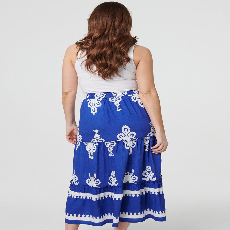 Izabel London Blue Ikat Print Tiered High Waist Midi Skirt
