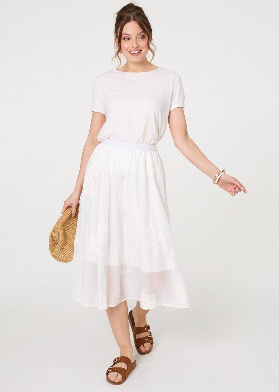 Izabel London White Lace Embellished A-Line Midi Skirt