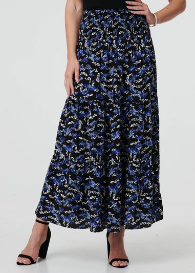 Izabel London Blue Floral High Waist Shirred Maxi Skirt