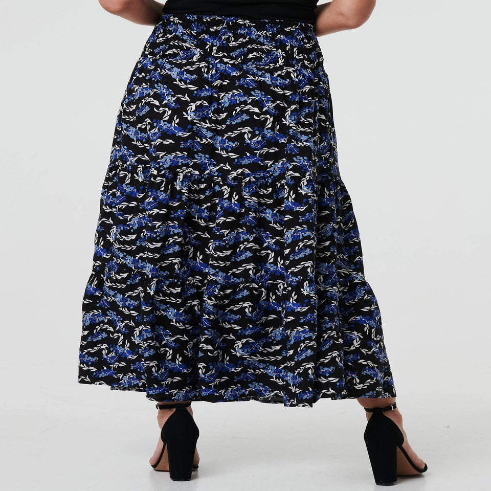 Izabel London Blue Floral High Waist Shirred Maxi Skirt