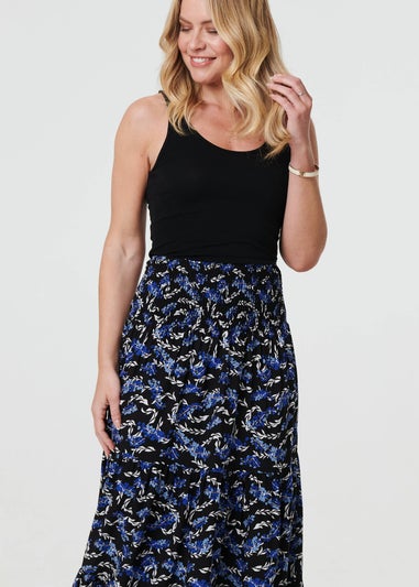 Izabel London Blue Floral High Waist Shirred Maxi Skirt
