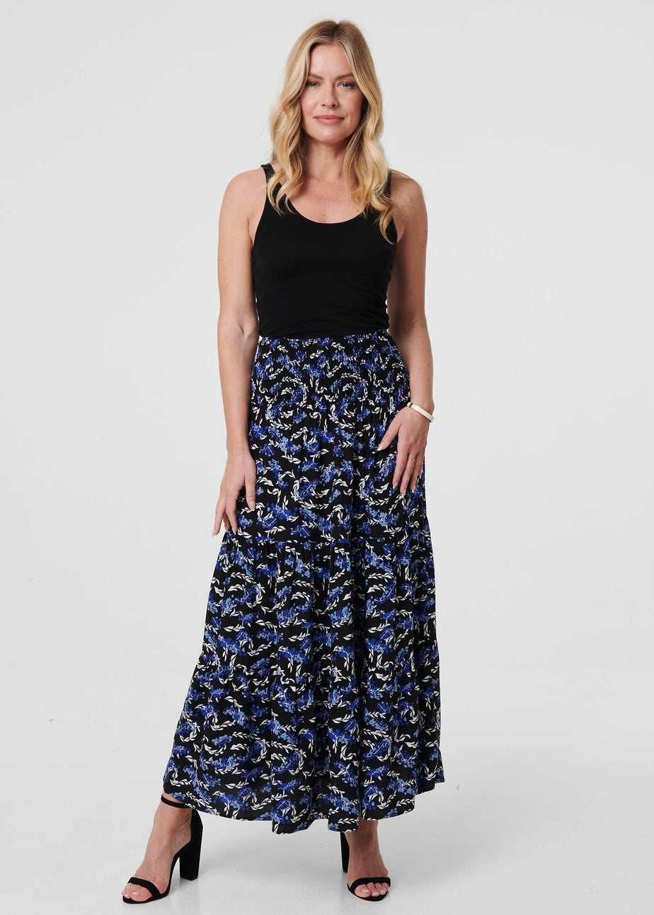 Izabel London Blue Floral High Waist Shirred Maxi Skirt
