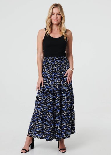 Izabel London Blue Floral High Waist Shirred Maxi Skirt
